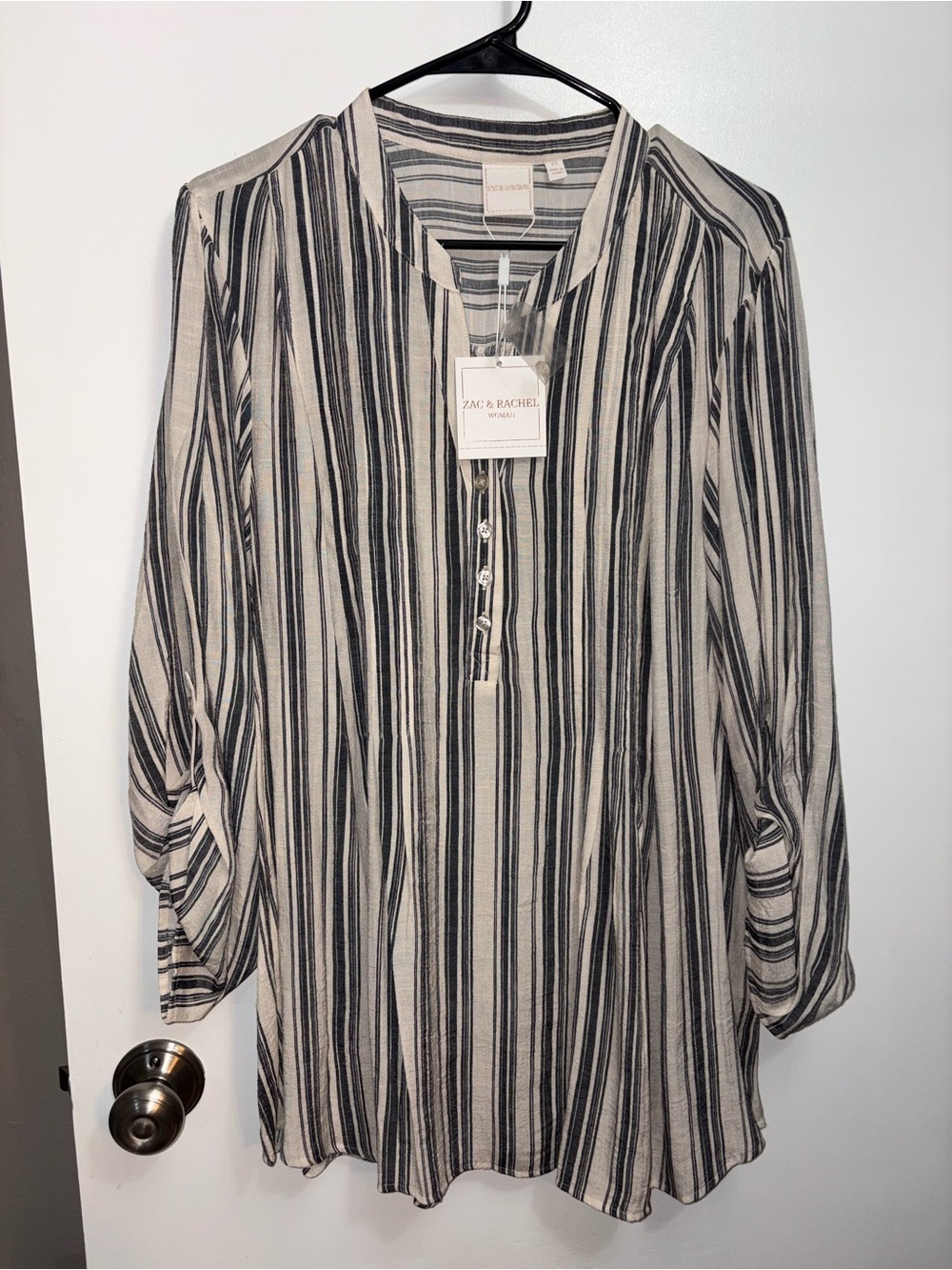 Zac & Rachel Black and Cream Vertical Stripe Henley Blouse